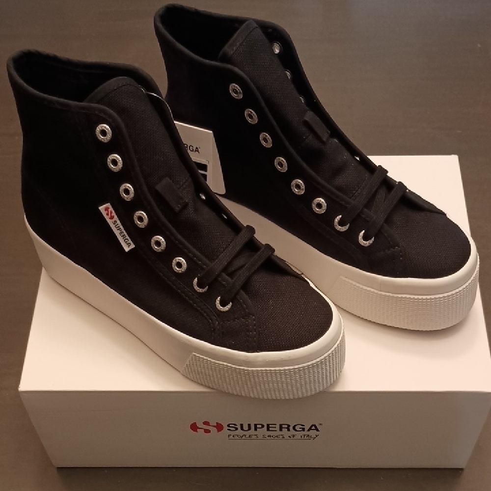 Superga 2708 High-Top Platform Black and White Lace-Up Sneakers - Picture 3 of 6